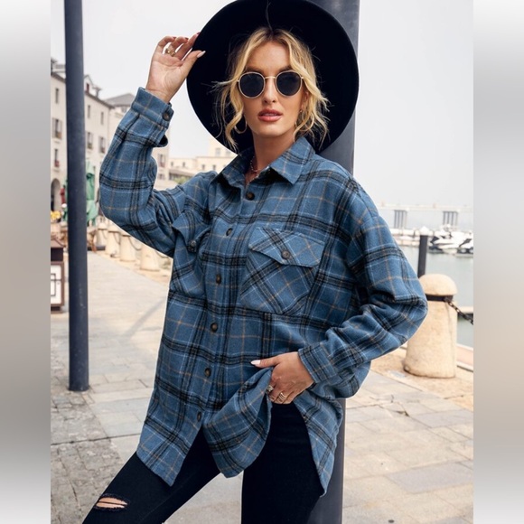 Boohoo Lapel Button Up Plaid Shirts Long Sleeve Pocketed Shacket Casual Top Sz S - Picture 3 of 14